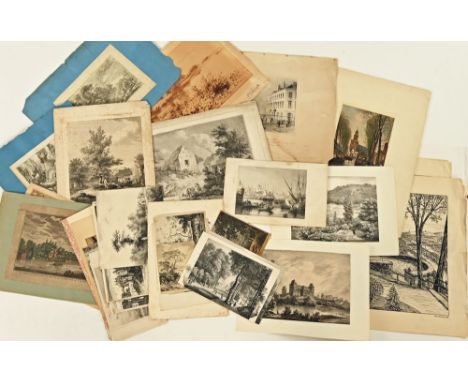 A large folio of unframed prints, from 18th, 19th and 20th century, mediums to include lithographs, etchings and engravings, 