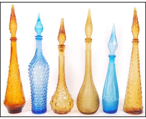 Empoli glass - ' Genie ' - A collection of 6x 1960's retro vintage studio art glass decanters and bottles of varying sizes an
