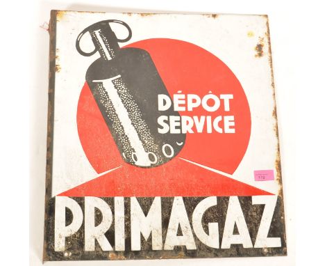 A vintage early 20th century French enamel Industrial advertising sign for Primagaz - Depot Service. Red, black and white col