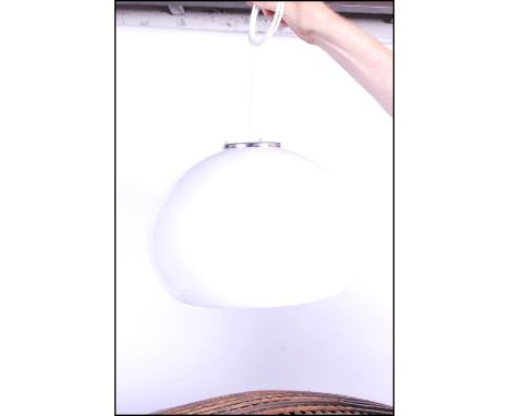 Harvey Guzzini - A 1970's retro vintage round dome shaped pendant light / lamp shade in a translucent white having an applied