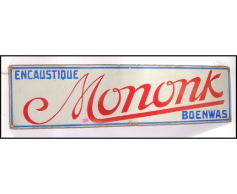 Encaustique Mononk Boenwas - A Circa 1948 French vintage antique industrial porcelain enamel advertising sign having white gr