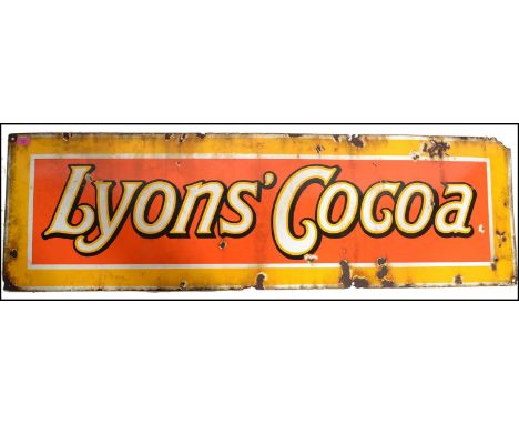 Lyons - A vintage antique industrial enamel sign for ' Lyons Cocoa ' in white, yellow and black on a burnt orange background 