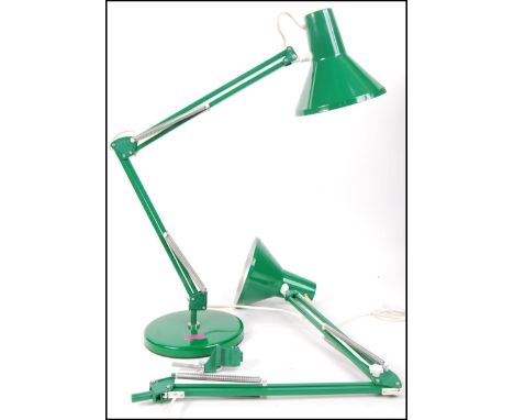 HCF - A pair of Danish 1960's vintage industrial anglepoise lamps in an emerald green colourway both being stamped Denmark HC