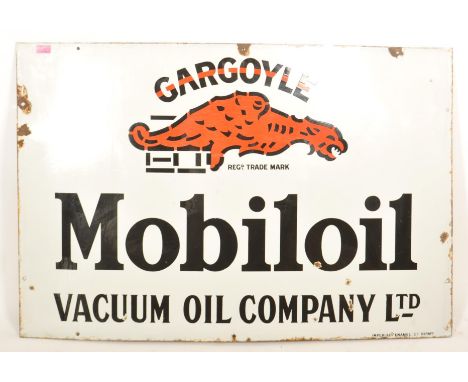 An original early 20th century Gargoyle Mobiloil Vacuum Oil Company rectangular advertising Industrial enamel sign. The sign 
