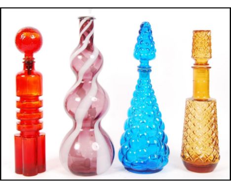 Empoli glass - ' Genie ' - A collection of 4x 1960's retro vintage studio art glass decanters and bottles of varying sizes an