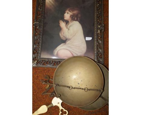Set of brass balance scales together with a metal framed print