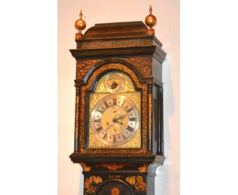 A George II chinoiserie longcase clock, signed 'FRA Redstal Ouerton' circa 1750/1760, the hood with lacquered ball finial to 