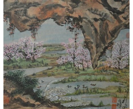 A Chinese Ming style watercolour of landscape with ducks on pond, bearing various seal marks and inscriptions, 39 x 46cm