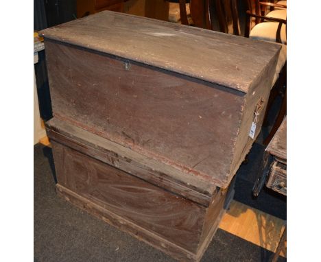 Two Victorian pine boxes, with hinged lids and carry handles, 56cm high x 96cm wide, also with a vintage Singer treadle sewin