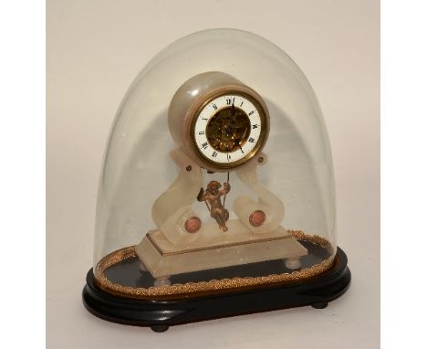 A 19th century French alabaster swinging cherub novelty mantel clock by Brevette, the white enamel chapter ring with Roman nu