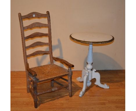 A 19th century painted tripod table, 73cm high x 58cm wide, together with ladder back nursing chair with woven rush seat, 103