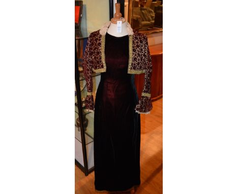 A vintage burgundy velvet wedding dress/ball gown, with burgundy damask and Victorian lace jacket, 143cm long, approx size 8-