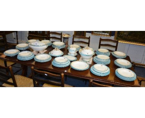 A late 19th/early 20th century Copeland pottery dinner set, to include tureens, dinner plates, soup plates, side plates, deco