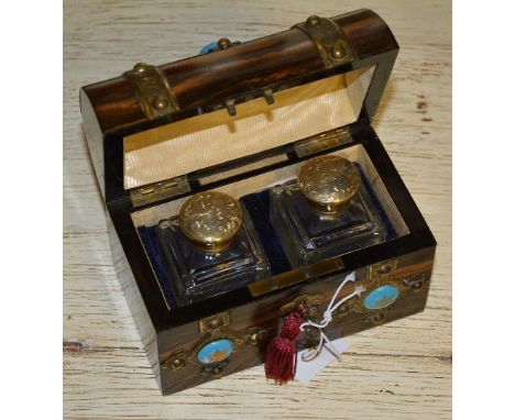 A Victorian coromandel specimen box, the domed top opening to reveal pair of gilt topped glass bottles, decorated with gilt m