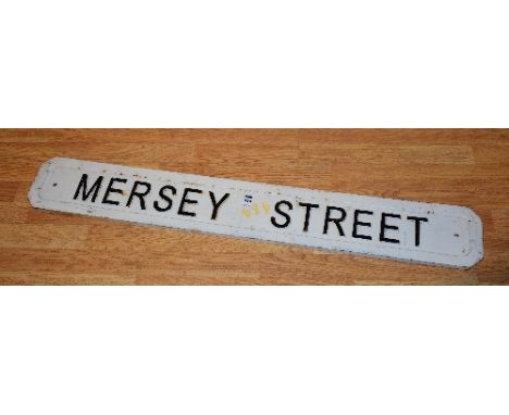 A vintage painted iron street sign named Mersey Street, 16cm high x 110cm wide