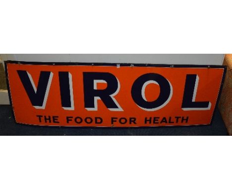 A vintage enamel shop sign for 'Virol' the food for health, the lettering painted in blue and white on orange ground, 61cm hi