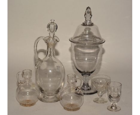 A mixed lot of vintage glassware, comprising of jug with stopper, pair of caraffe size decanters with star cut bases, sweets 