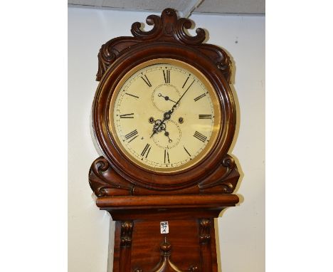 A Victorian Scottish mahogany eight day drumhead longcase clock, with carved scrolls to the glazed hood, enclosing 12" enamel