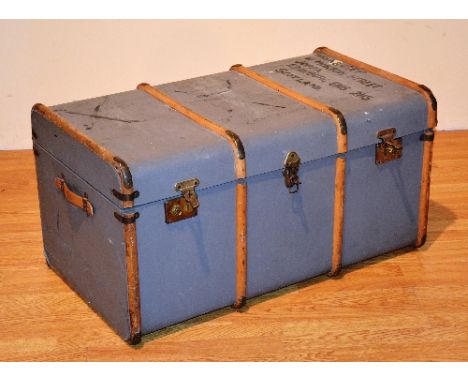 A vintage wood bound travel trunk, with hinged top and carry handles, 46cm high x 92cm wide