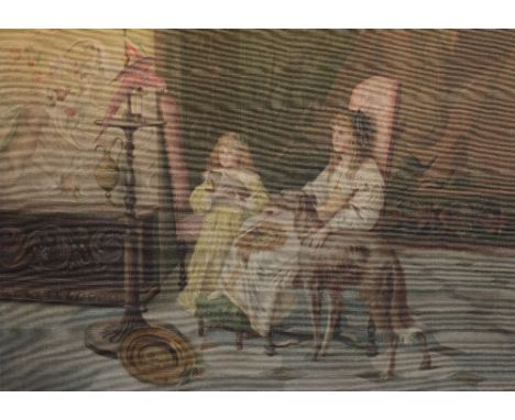 A large Victorian tapestry panel, depicting two girls at home with parrot and dogs, in wooden frame, 107 x 80cm