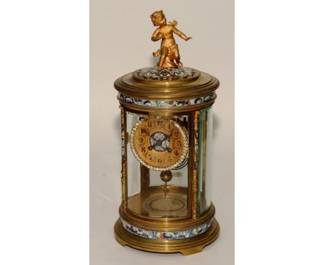 A fine 19th century French champleve enamel and gilt metal four glass bracket clock, with classical gilt metal finial of a ch