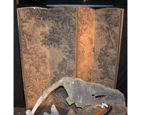 A vintage four section needlepoint dressing screen, decorated with needlepoint panels of birds in foliage, 194cm high x 208cm