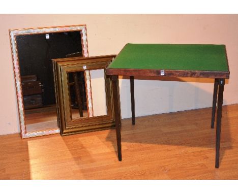 A vintage folding card table, 68cm high x 76cm wide x also with a modern wall mirror and picture frame (3)