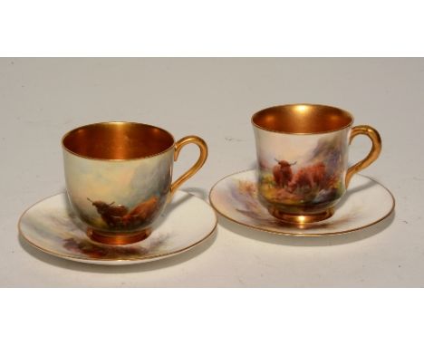 A pair of Royal Worcester cabinet cups and saucers, signed by Harry Stinton circa 1924, bearing highland cattle scenes, gilde