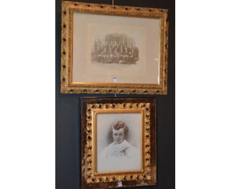 Two Edwardian photographs, one depicting a group of Freemasons, the other a portrait of a young boy in sailor suit, both in g