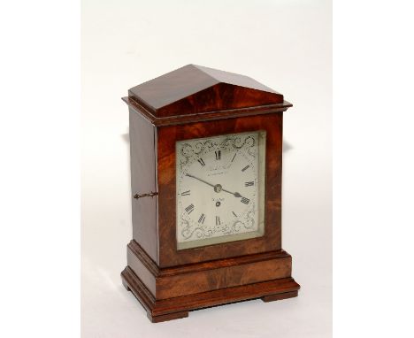 A Regency mahogany single fusee mantel clock by Richard Leach circa early 19th century,  the silvered dial with foliate panel