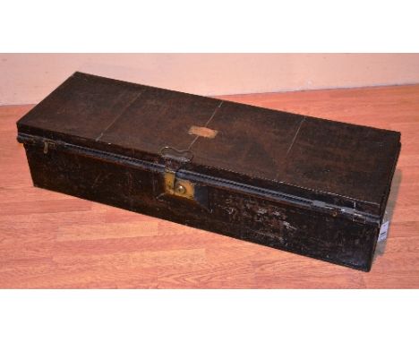 An early 20th century black painted metal uniform trunk, the hinged lid bearing polished brass plaque engraved to 'J.W. Murra