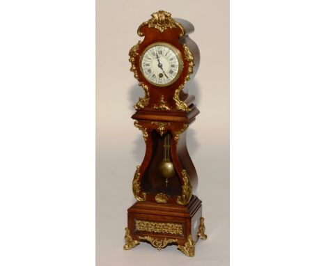 A French Louis XVI style walnut and ormolu gilt metal mantel clock, in the form of a longcase clock circa 1900, the white ena