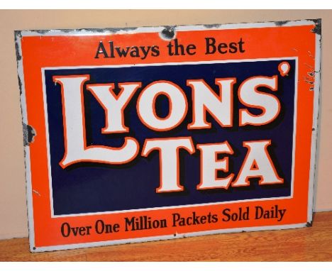 A vintage metal and enamel advertising shop sign for Lyons Tea, 75.5cm high x 99cm wide