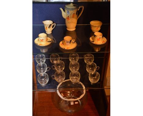 An Art Deco Gainsborough tea set, comprising teapot, three cups & saucers, milk and sugar, decorated with stylised black and 