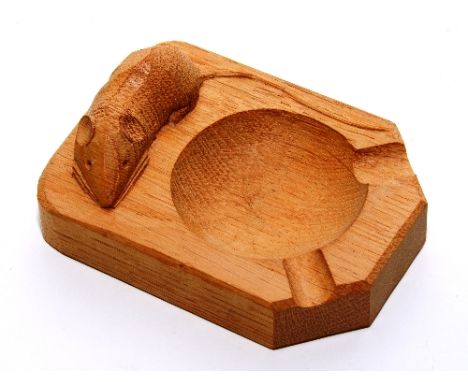 A Robert Mouseman Thompson carved oak ashtray, with mouse carving, 10cm wide