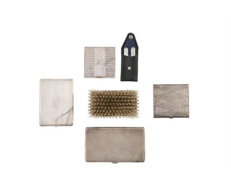 A MISCELLANEOUS COLLECTION OF SILVER AND WHITE METAL ITEMS, including two silver engine turned cigarette cases, a cased pair 