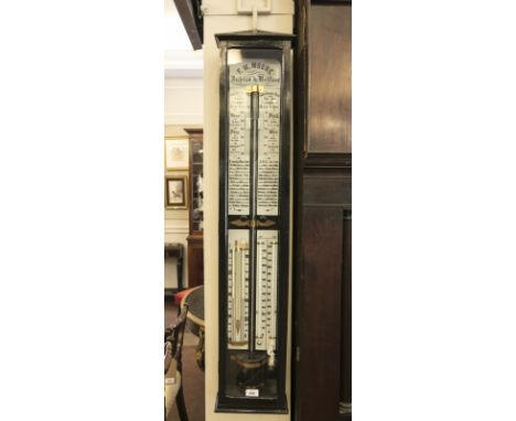 A LATE 19TH CENTURY EBONISED CASED STICK BAROMETER, by F.M. Moore, Dublin and Belfast, with 'wet' and 'dry' thermometer regis