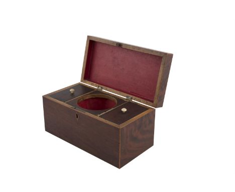 AN EARLY 19TH CENTURY INLAID MAHOGANY RECTANGULAR TEA CADDY, the hinged top with handle opening to reveal a fitted interior w