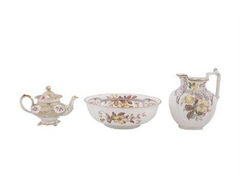 A MID 19TH CENTURY RIDGWAY CHINA TEAPOT, decorated with floral panels with gilded highlights; together with a 'Mentone' patte