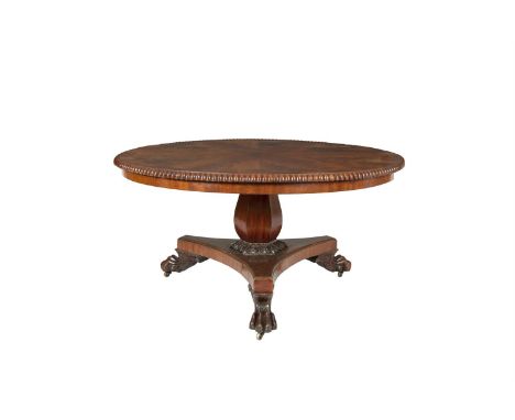 A VICTORIAN INLAID MAHOGANY CIRCULAR BREAKFAST TABLE, the top with radial veneers and centred by a star, having beaded rim an