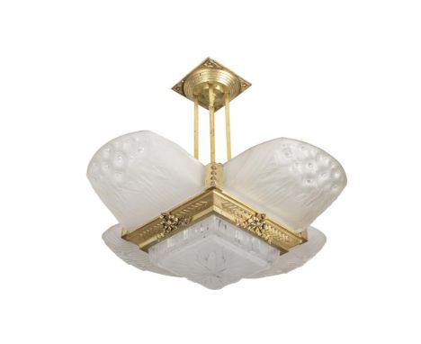 A FRENCH ART DECO MULLER FRÈRES CEILING LIGHT, c.1920-30, the gilt metal frame with four upright columns, supporting a froste