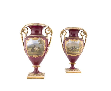 A PAIR OF CHAMBERLAIN'S WORCESTER PORCELAIN URNS OF BALUSTER FORM, the burgundy ground decorated with hand-painted reserves o