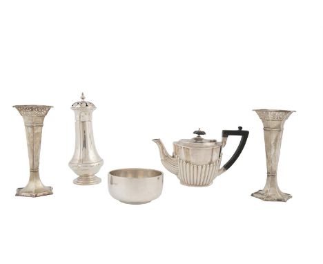 A SMALL COLLECTION OF SILVER including a pair of Art Deco tapering vases, a Georgian style sugar castor, a bachelors teapot, 