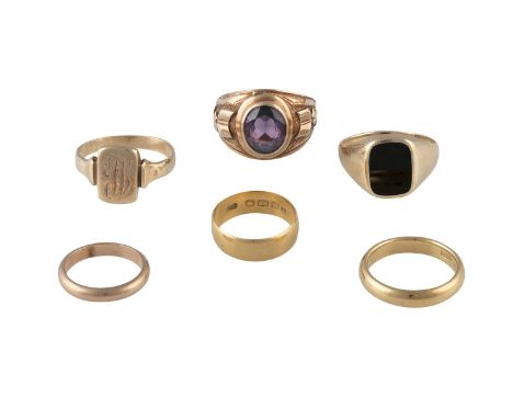 A GROUP OF SIX GENTLEMAN'S RINGS, including a bishop's ring set with an oval mixed-cut amethyst, mounted in 9K gold, ring siz