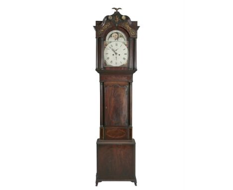 AN EARLY VICTORIAN INLAID MAHOGANY LONGCASE CLOCK, the hood surmounted with winged eagle, parcel gilt foliage above an arch t