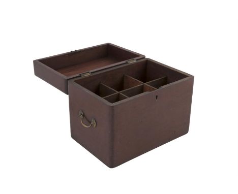 A 19TH CENTURY MAHOGANY RECTANGULAR DECANTER CASE, with six empty compartments, the case with cast brass carrying handles. 22