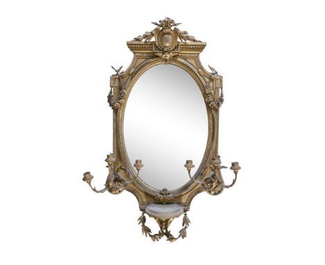 A VICTORIAN GILTWOOD AND GESSO SIX LIGHT GIRANDOLE MIRROR, surmounted by a stepped vacant cartouche within a banded frame, wi