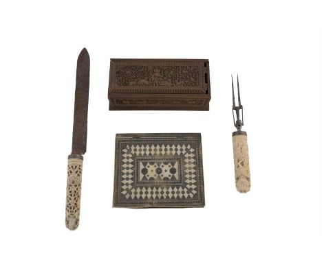 ***PLEASE NOTE: THIS ITEM CONTAINS OR IS MADE OF IVORY***A LARGE ANGLO-INDIAN IVORY HANDLED CARVING KNIFE AND FORK, the knife