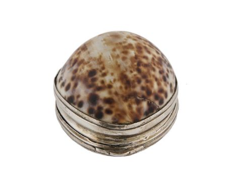 AN IRISH PROVINCIAL SILVER MOUNTED COWRIE SHELL SNUFF BOX, by John Humphries of Cork, 1770, the base engraved with initials. 