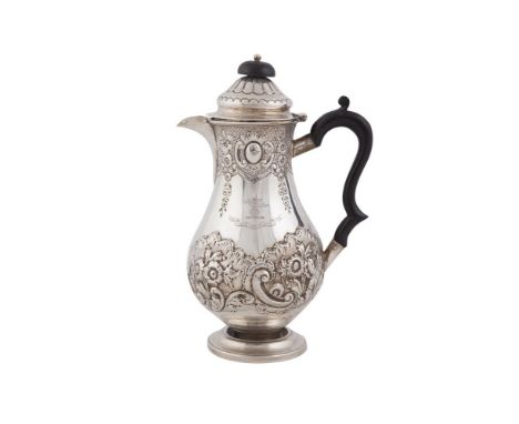 A VICTORIAN SILVER PEAR SHAPED COFFEE POT, London 1896, mark of Joseph Williams & Co., with domed hinged lid, applied ebon fi
